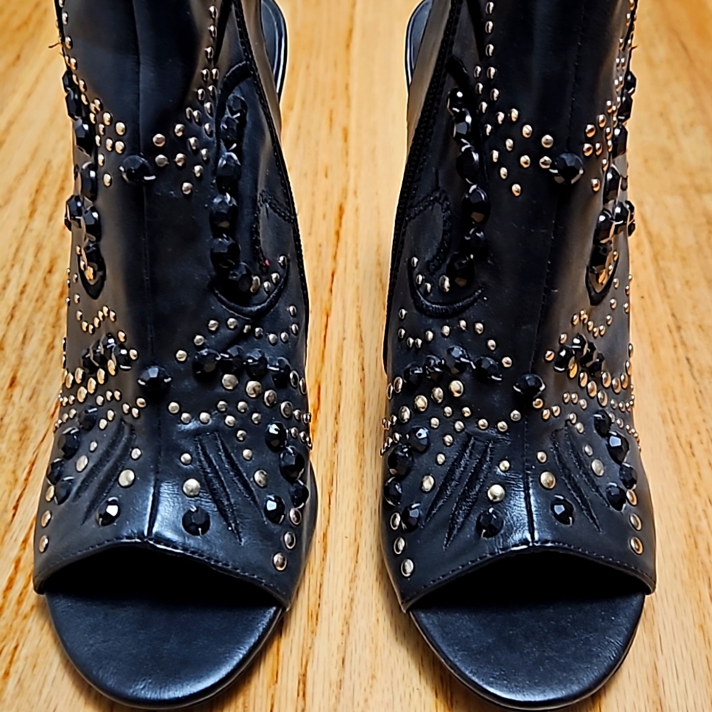Trade or make offer on Embellished black open toe, open back heels.